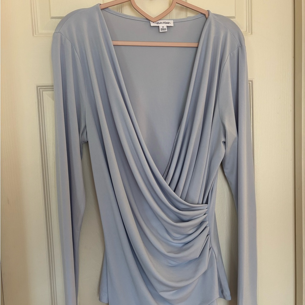 Calvin Klein Draped Long Sleeve Top in Soft Blue